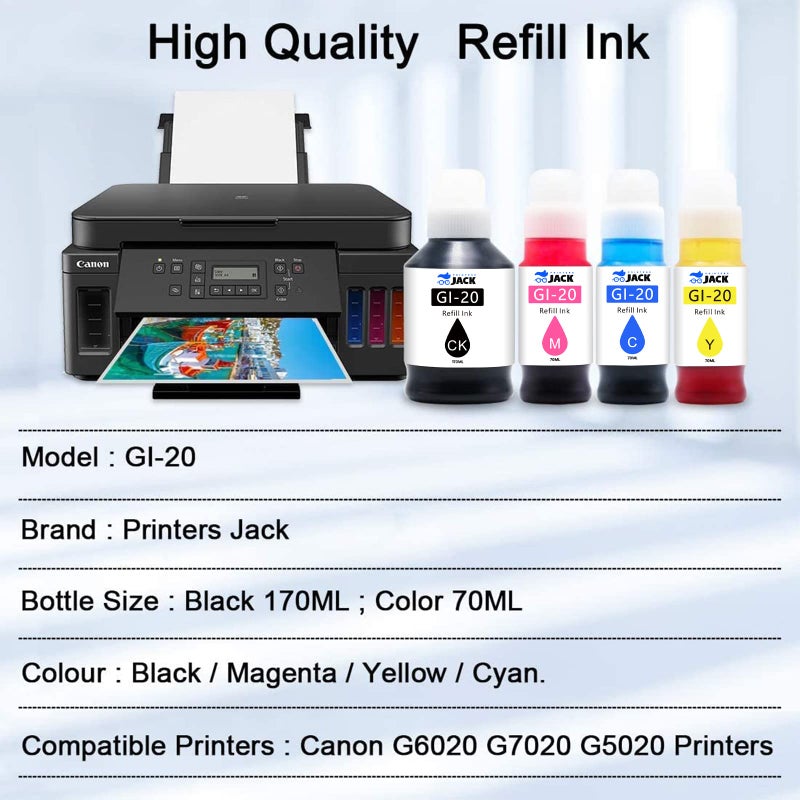Printers Jack Compatible Canon GI-20 GI20 Refill Ink Bottles Kit for Canon PIXMA G5020 G6020 G7020 MegaTank Printers - Image 3